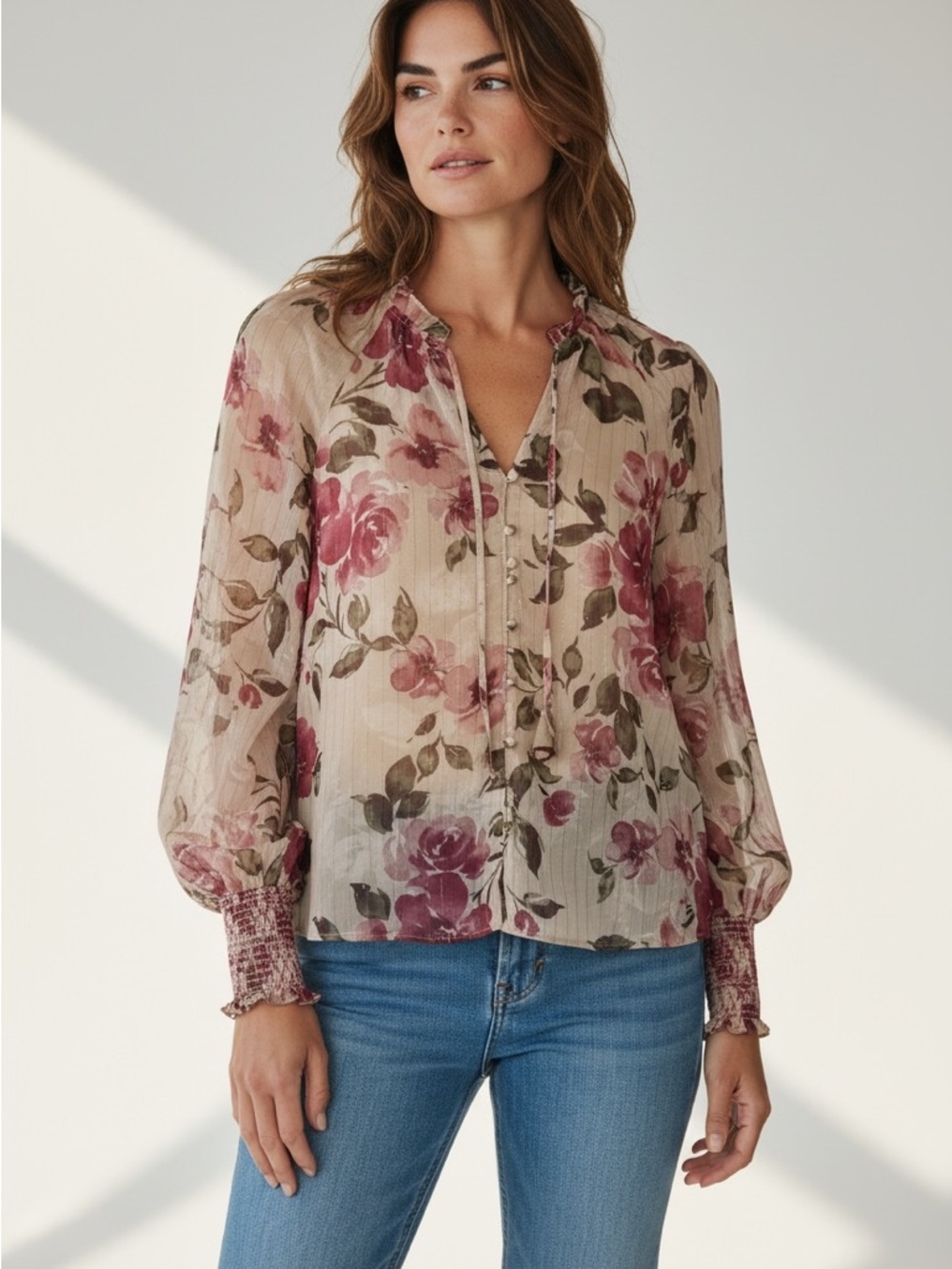 JOIE Beige Floral Pintuck Blouse